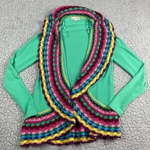 Double Zero Open Front Cardigan Womens Small Rainbow Crochet Edging Grandma